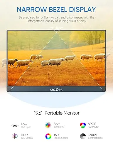 ARZOPA 15,6-calowy przenośny monitor z USB-C i HDMI – ekran Full HD 1080p z HDR i ochroną oczu