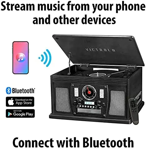 Gramofon Victrola 8 w 1 z technologią Bluetooth i centrum multimedialnym, z głośnikami stereo, odtwarzaczem płyt winylowych, radiem CD/kasetowym/FM i wykończeniem w stylu vintage z drewna.