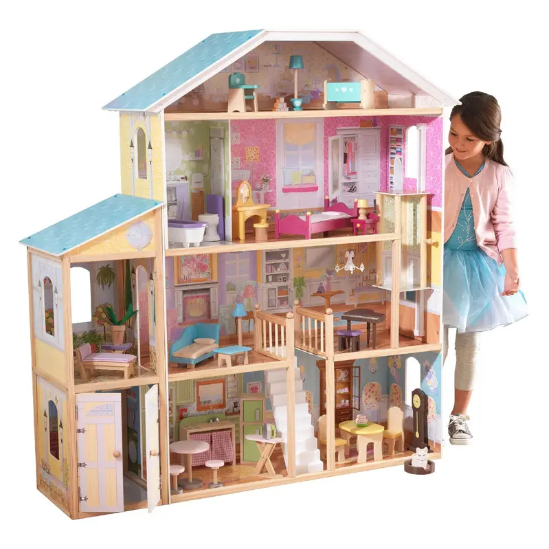 Drewniany domek dla lalek KidKraft Majestic Mansion – zestaw z 3 piętrami, 34 realistycznymi akcesoriami i eleganckimi detalami wnętrza