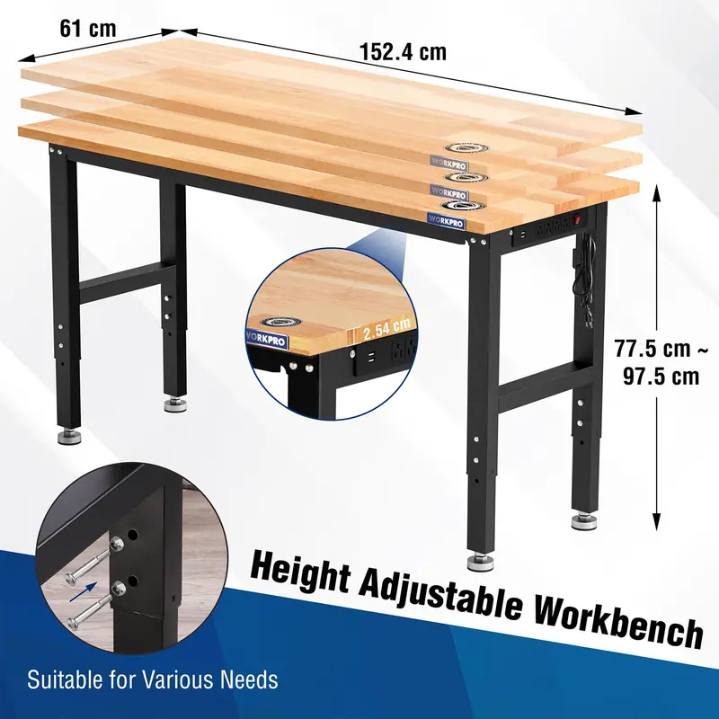 Regulowany stół warsztatowy WORKPRO 60″ x 24″ – nośność 1500 funtów, blat z twardego drewna, gniazdka elektryczne