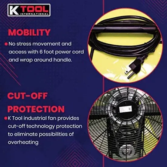 Przemysłowy wentylator bębnowy K Tool International 42″ z napędem pasowym – podwójna prędkość, żółty, bezpieczny, ruchomy z gumowymi kółkami