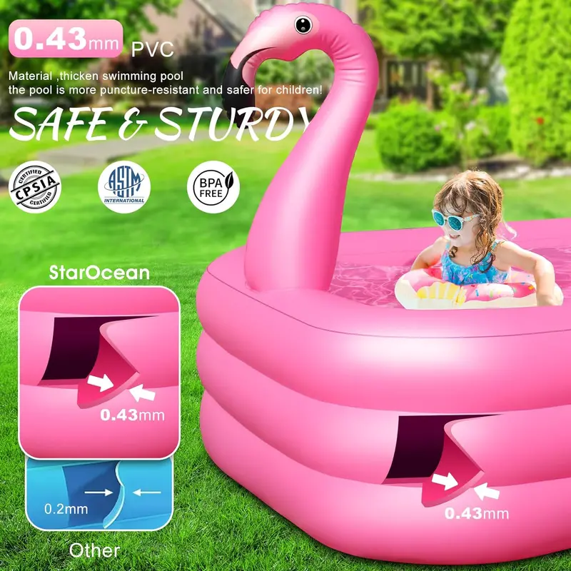 Nadmuchiwany basen flamingowy zasilany energią słoneczną z oświetleniem LED – 264 x 165 x 63,5 cm, ekologiczny basen zewnętrzny dla dzieci i dorosłych