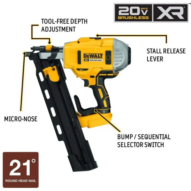 DEWALT 20V MAX XR 2-biegowa bezszczotkowa gwoździarka ramowa do gwoździ w taśmach plastikowych o szerokości 21 cali (tylko narzędzie) DCN21PLB