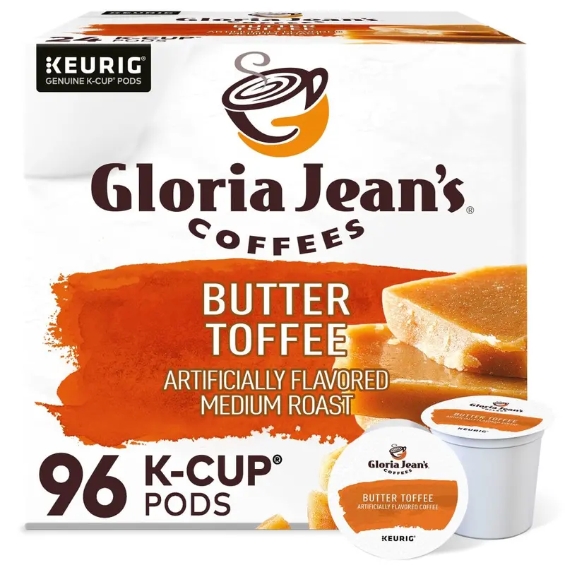 Ziarna kawy Gloria Jean's Butter Toffee, średnio palone, kapsułki K-Cup, 96 sztuk, Arabica, nadające się do recyklingu