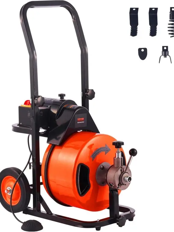Urządzenie do udrażniania rur Vevor 30,5 m x 1,25 cm, automatyczne spiralne podawanie ścieków z 4 ostrzami i przełącznikiem nożnym, pomarańczowo-czarne