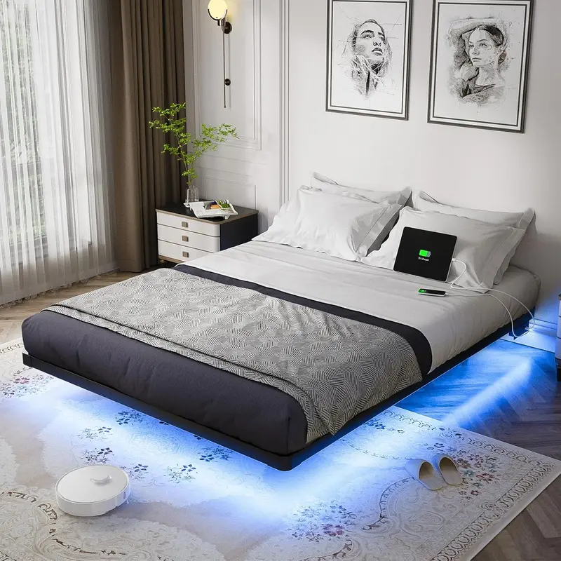 Pływające łóżko platformowe OLEVS o wymiarach queen-size — inteligentne oświetlenie LED, elegancka metalowa rama i minimalistyczny styl