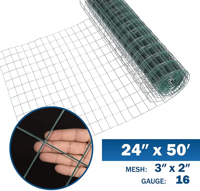 Drut ogrodzeniowy, siatka druciana pokryta zielonym winylem, grubość 16, zgrzewana, o oczkach 2 x 3 cale (2 x 50 stóp)