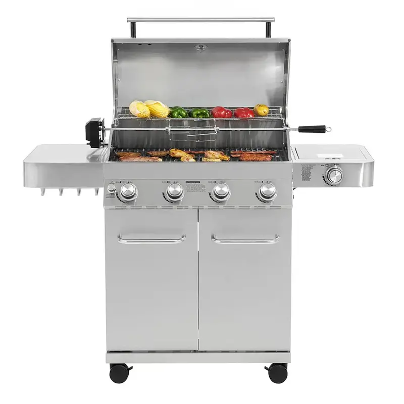 Grill gazowy Monument Grills 4-palnikowy na propan – stal nierdzewna, w zestawie zestaw rożna