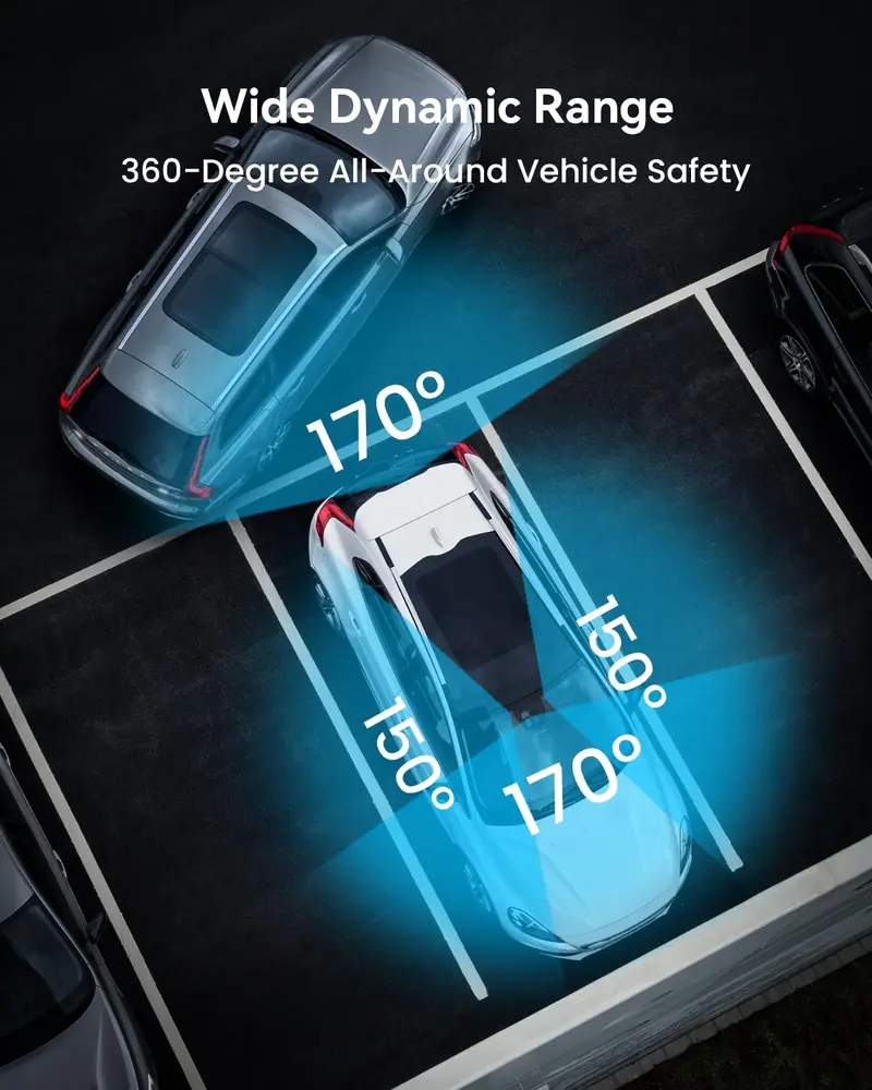 System wideorejestracji 360° z 4 kamerami – nagrywanie przodu, tyłu i boków w rozdzielczości 1080p, 8 lampami podczerwonymi, sterowanie za pomocą aplikacji 5G Wi-Fi i bezpłatna karta SD o pojemności 128 GB.