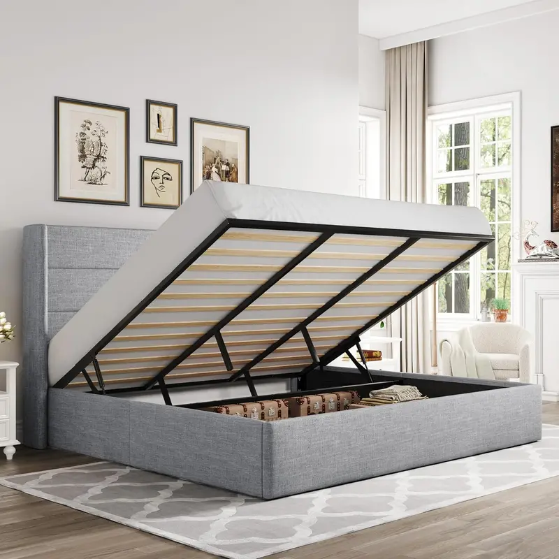 Łóżko Allewie Queen Lift-Up Storage Bed — hydraulicznie regulowany zagłówek z panelami bocznymi i ukrytym schowkiem