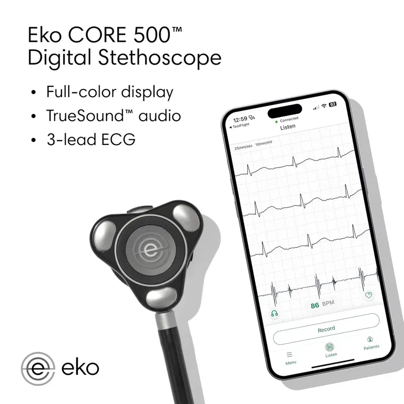 Cyfrowy stetoskop Eko ze zintegrowanym 3-odprowadzeniowym EKG i kolorowym wyświetlaczem o wysokiej rozdzielczości.
