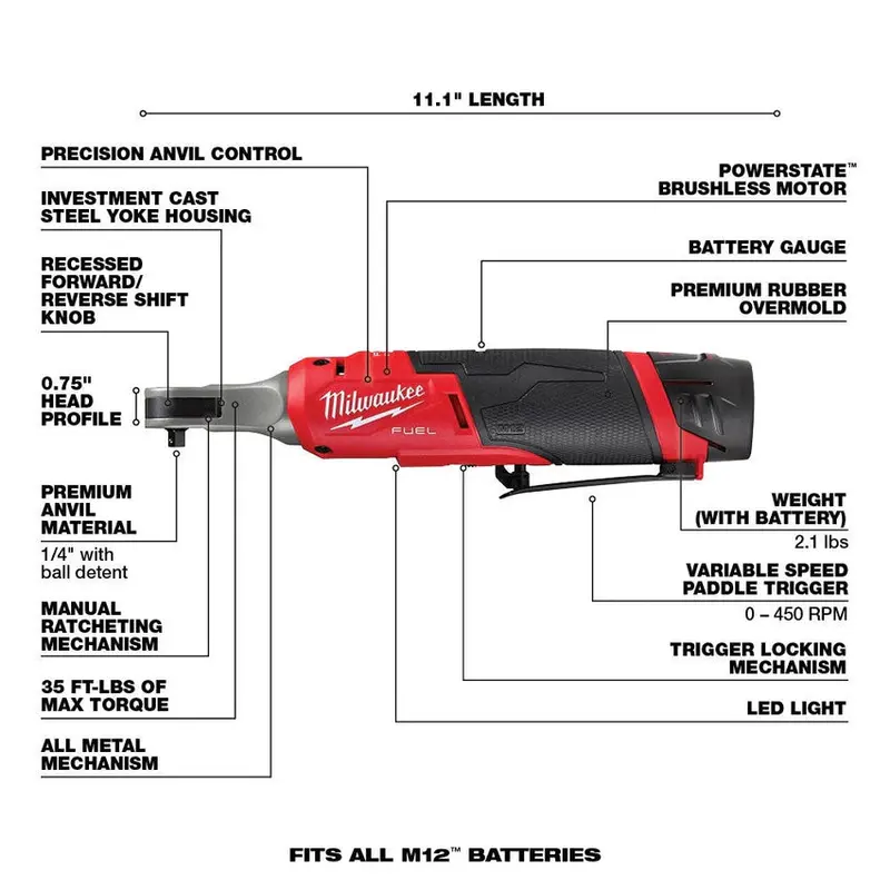 MILWAUKEE M12 FUEL Grzechotka akumulatorowa o dużej prędkości 1/4 cala – Kompaktowe elektronarzędzie bezszczotkowe z funkcją precyzyjnego dokręcania
