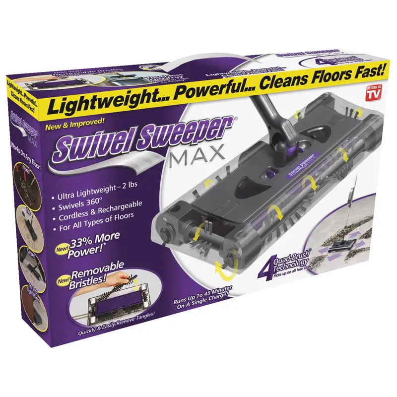 Ontel Swivel Sweeper Max, bezprzewodowa i lekka elektryczna miotła z zmywalną głowicą.