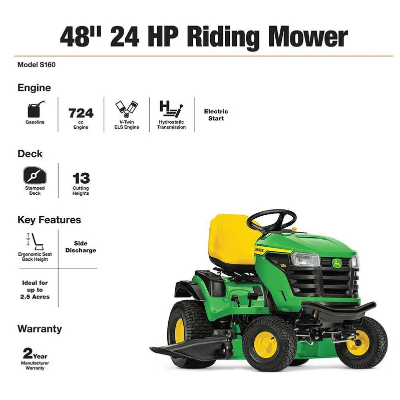 Ciągnik spalinowy John Deere S160 48″ Premium – silnik V-twin o mocy 24 KM, lepsze pokrycie trawnika, płynna praca układu hydrostatycznego