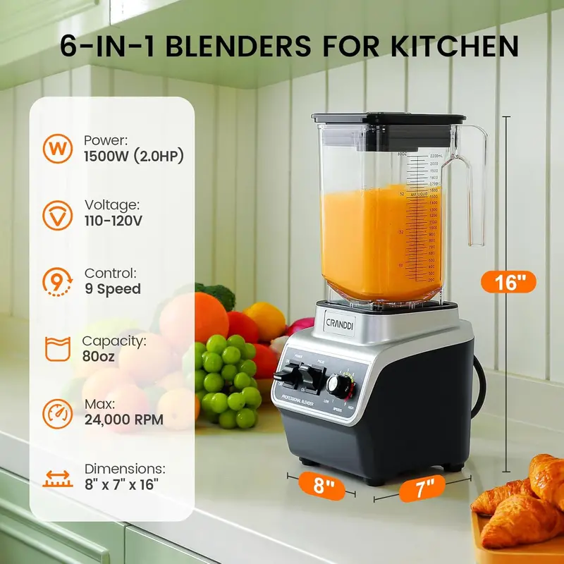 Profesjonalny blender CRANDDI 1500 W z dzbankiem o pojemności 2,3 litra niezawierającym BPA