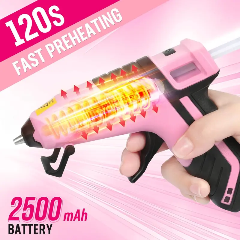 Ulepszony bezprzewodowy pistolet do klejenia WORKPRO 3,6 V — 20 mini klejów w sztyfcie, edycja z różową wstążką