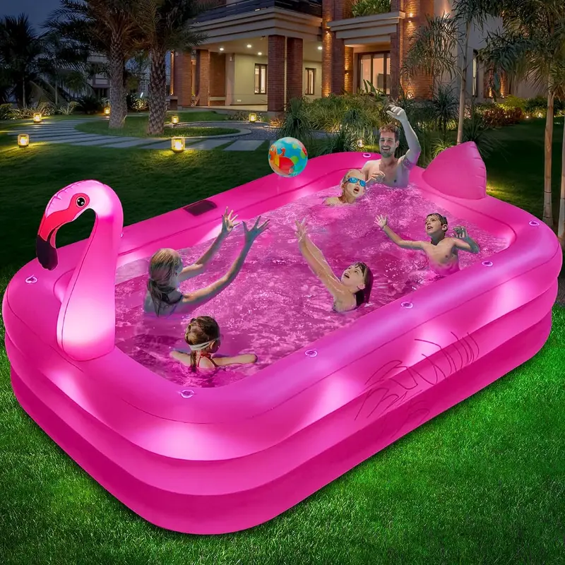 Nadmuchiwany basen flamingowy zasilany energią słoneczną z oświetleniem LED – 264 x 165 x 63,5 cm, ekologiczny basen zewnętrzny dla dzieci i dorosłych