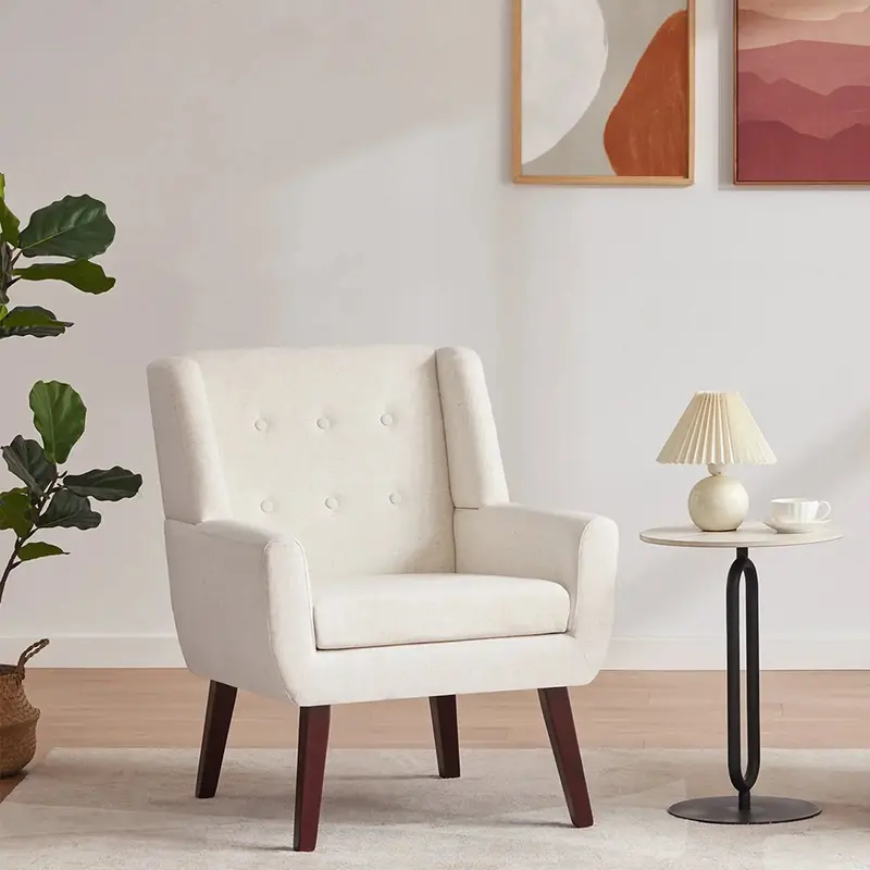 Fotel akcentowy Huimo w stylu Mid-Century Modern – beżowy tapicerowany fotel do czytania z ozdobnymi guzikami do salonu lub sypialni