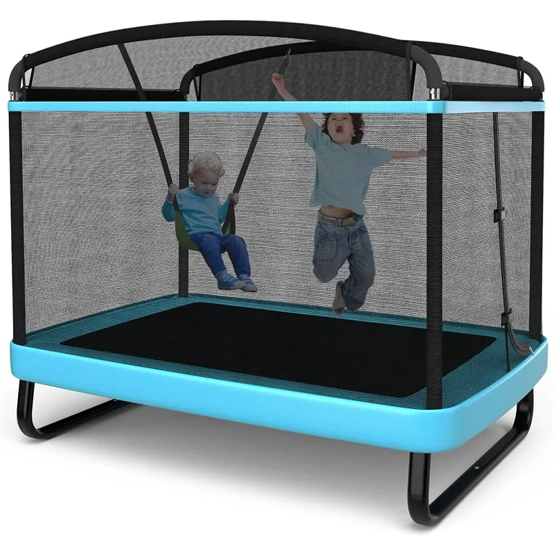 Trampolina dziecięca prostokątna o wymiarach 1,8 metra – certyfikowana przez ASTM trampolina do użytku wewnątrz i na zewnątrz, z siatką zabezpieczającą i huśtawką (maks. 100 kg)