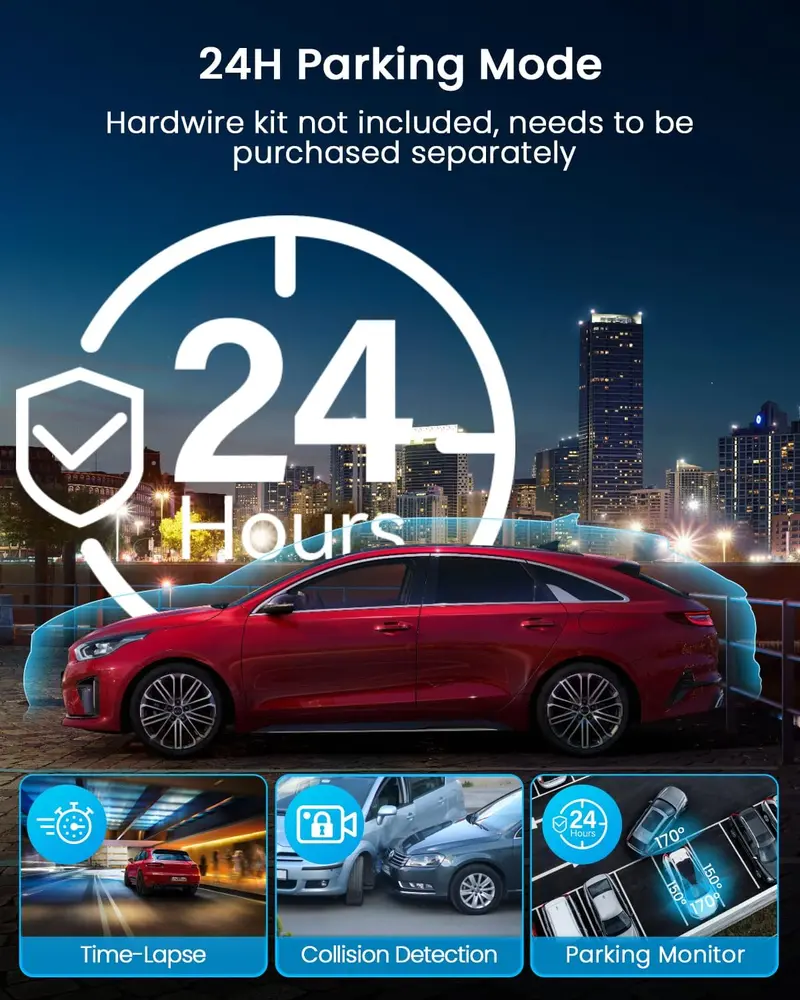 System wideorejestracji 360° z 4 kamerami – nagrywanie przodu, tyłu i boków w rozdzielczości 1080p, 8 lampami podczerwonymi, sterowanie za pomocą aplikacji 5G Wi-Fi i bezpłatna karta SD o pojemności 128 GB.