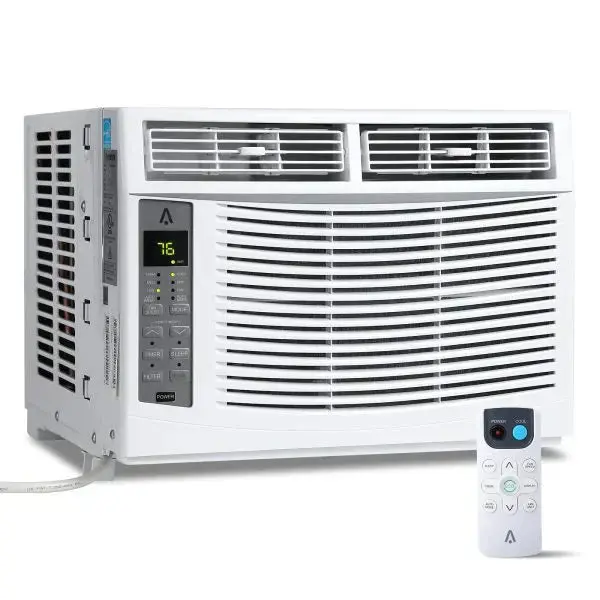 Kompaktowa klimatyzacja okienna o mocy 6000 BTU ze zmywalnym filtrem i łatwym w obsłudze interfejsem, idealna do małych sypialni lub biur (ok. 23 m²).