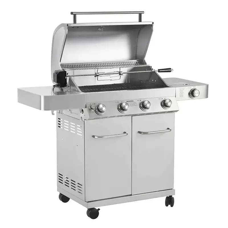 Grill gazowy Monument Grills 4-palnikowy na propan – stal nierdzewna, w zestawie zestaw rożna