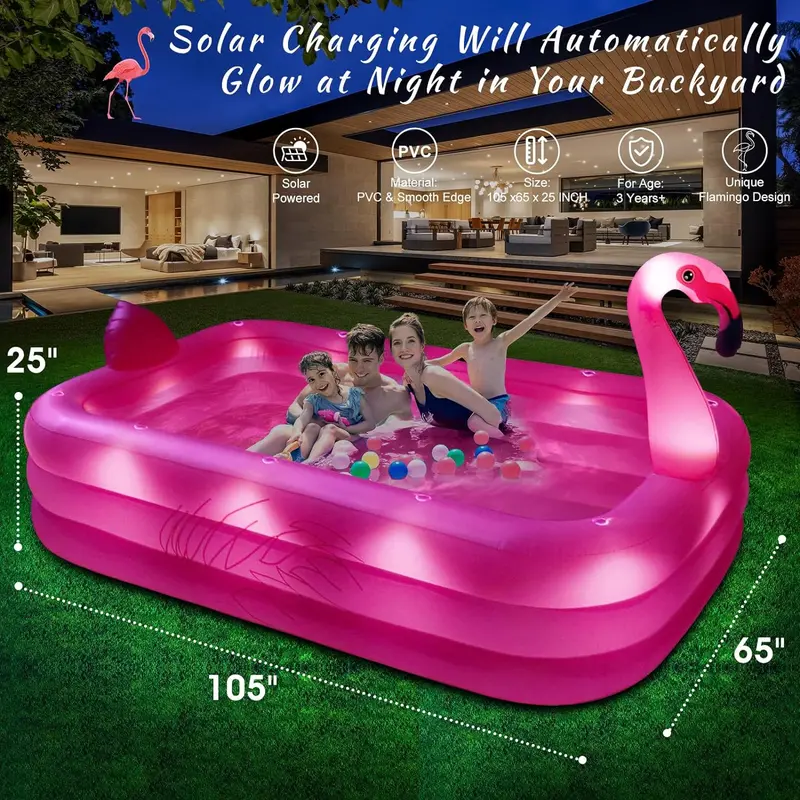 Nadmuchiwany basen flamingowy zasilany energią słoneczną z oświetleniem LED – 264 x 165 x 63,5 cm, ekologiczny basen zewnętrzny dla dzieci i dorosłych