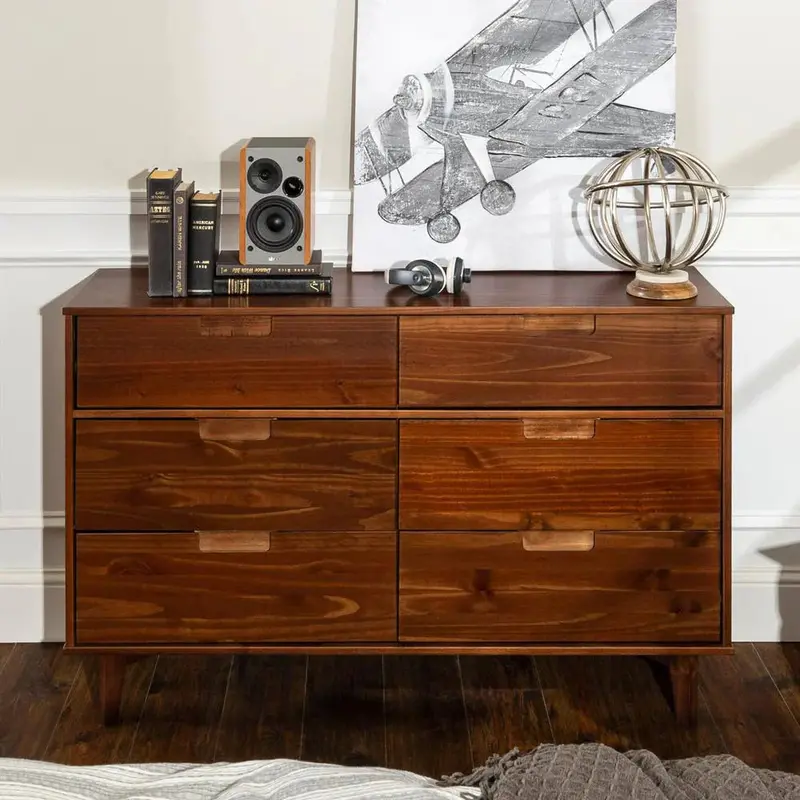 Komoda z drewna karmelowego w stylu mid-century modern z 6 szufladami – Eleganckie meble do sypialni w stylu skandynawskim