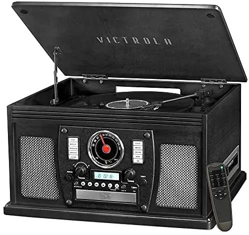 Gramofon Victrola 8 w 1 z technologią Bluetooth i centrum multimedialnym, z głośnikami stereo, odtwarzaczem płyt winylowych, radiem CD/kasetowym/FM i wykończeniem w stylu vintage z drewna.