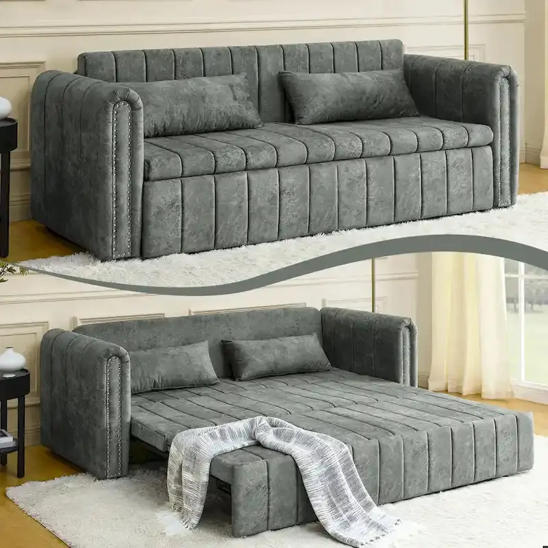 Rozkładana sofa wypoczynkowa z aksamitu – nowoczesne, zaokrąglone podłokietniki z ozdobnymi mosiężnymi ćwiekami.