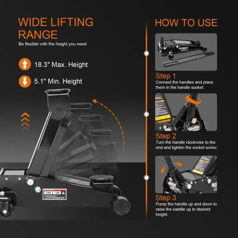 Podnośnik hydrauliczny o udźwigu 3 ton, wytrzymały – podwójna pompa szybkiego podnoszenia, wykończenie w kolorze czarnym, model W8303-B
