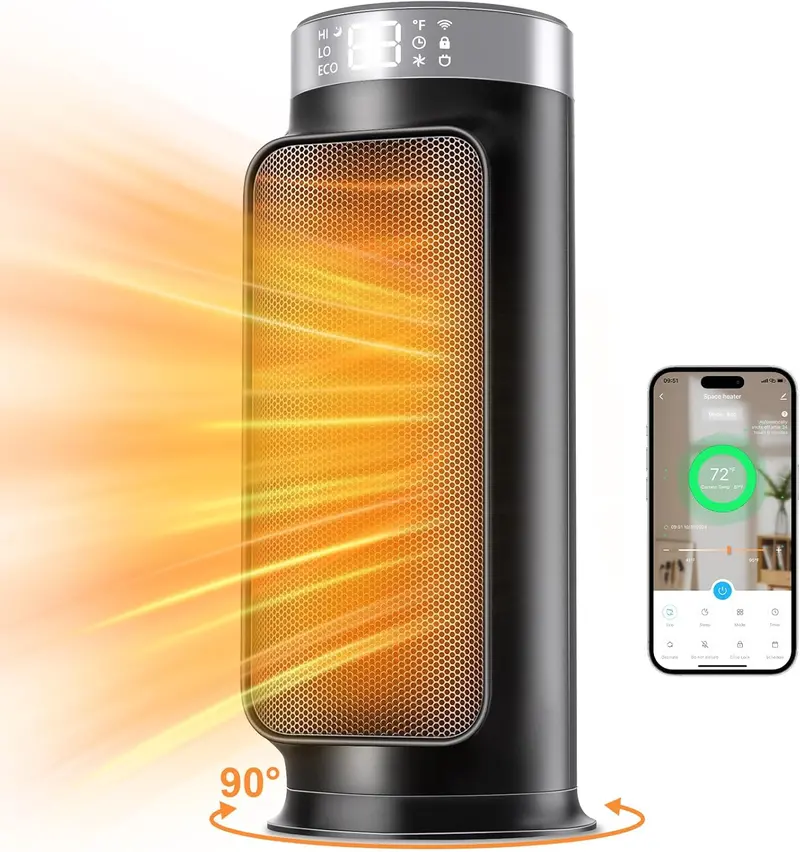 Inteligentny grzejnik PTC z wentylatorem i Wi-Fi | Elektryczny grzejnik wewnętrzny o mocy 1500 W z aplikacją i pilotem, oscylacją 90°, 5 poziomami grzania i rozszerzonymi funkcjami bezpieczeństwa