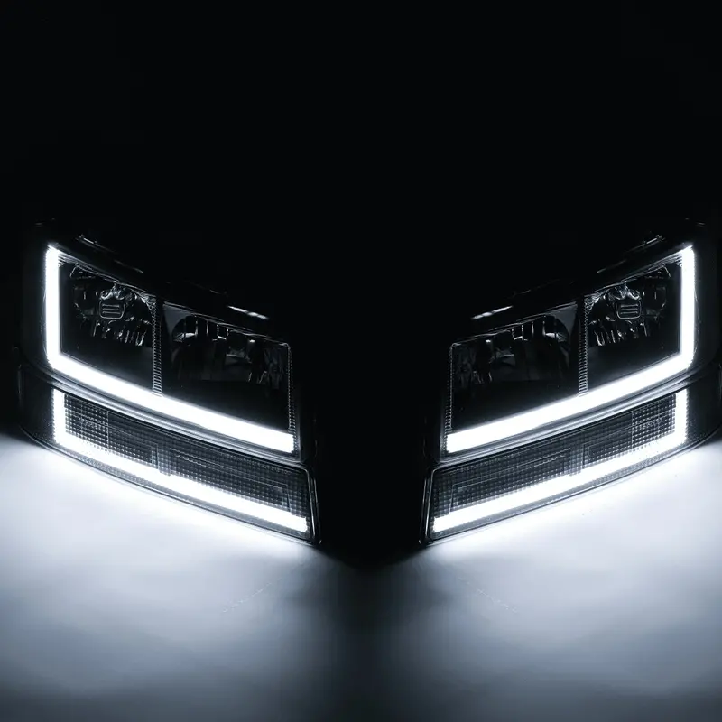Zestaw 4 pasów świateł do jazdy dziennej LED (lewy i prawy) z czarnymi reflektorami i kierunkowskazami w zderzaku – bezpośrednia wymiana i modernizacja dla vanów Chevrolet Express z lat 2003–2023