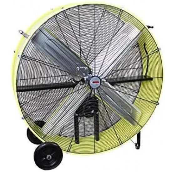 Przemysłowy wentylator bębnowy K Tool International 42″ z napędem pasowym – podwójna prędkość, żółty, bezpieczny, ruchomy z gumowymi kółkami