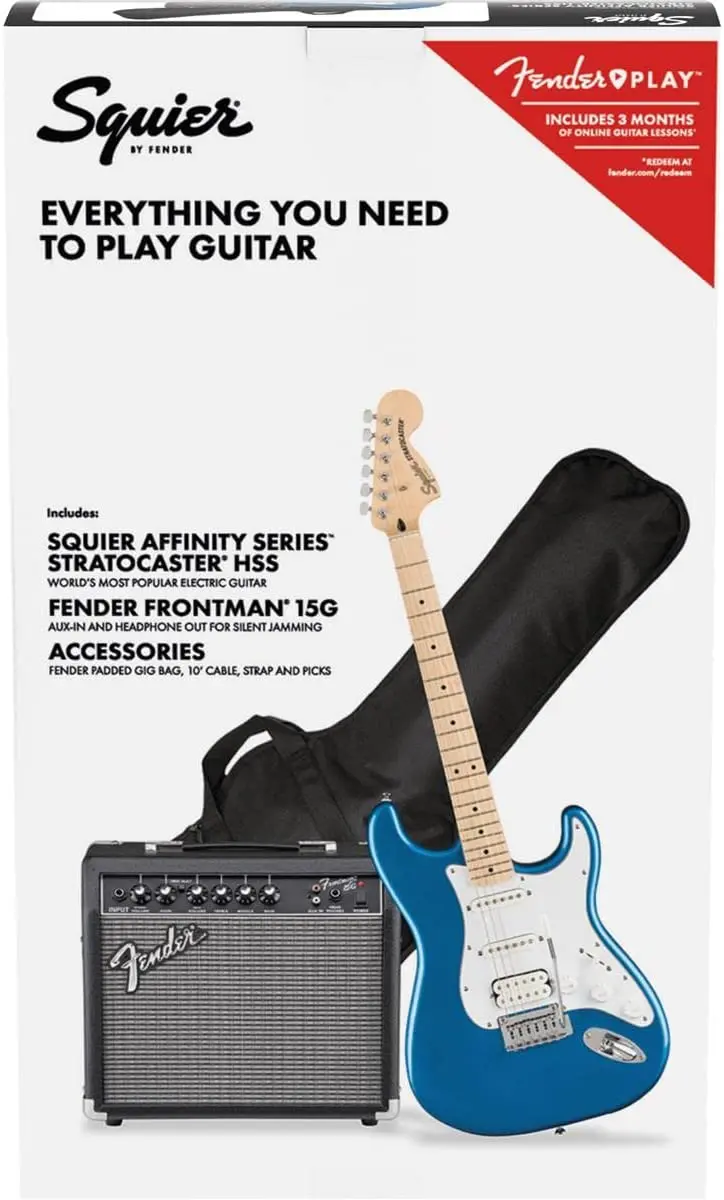 Squier Affinity Stratocaster HSS Pack Lake Placid Blue, podstrunnica klonowa, kompletny pakiet