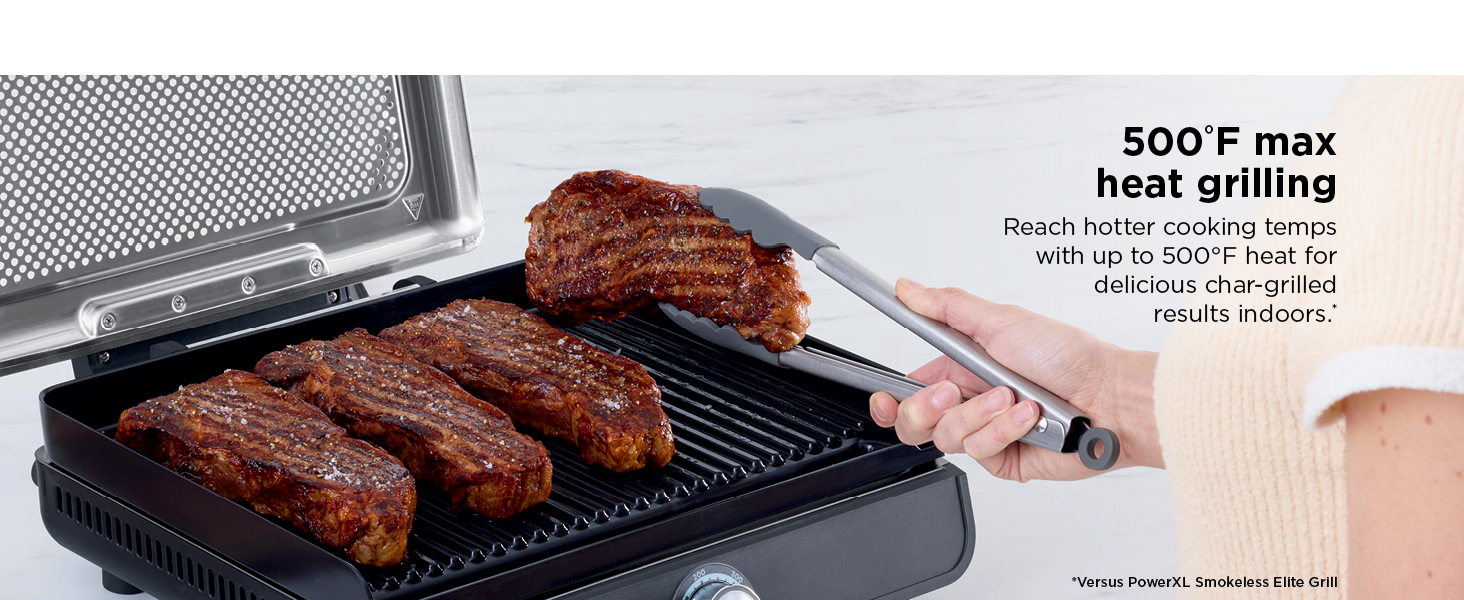 Grill o maksymalnej temperaturze 260°C. Grillowanie na płycie grzewczej od krawędzi do krawędzi. Grillowanie i gotowanie bez dymu