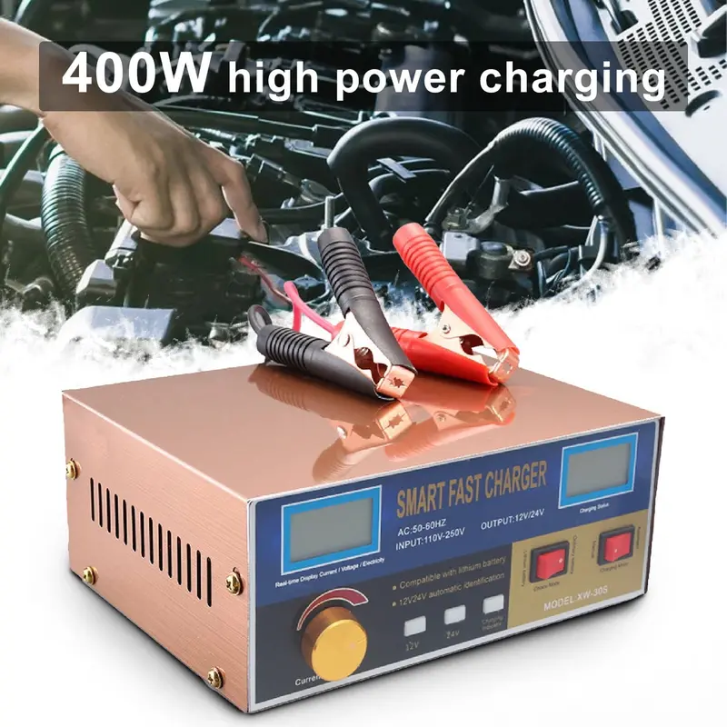 XWQ 400W to mocna, ognioodporna ładowarka impulsowa do naprawy akumulatorów, odpowiednia do akumulatorów samochodowych 12 V i 24 V, ładowarka konserwacyjna.