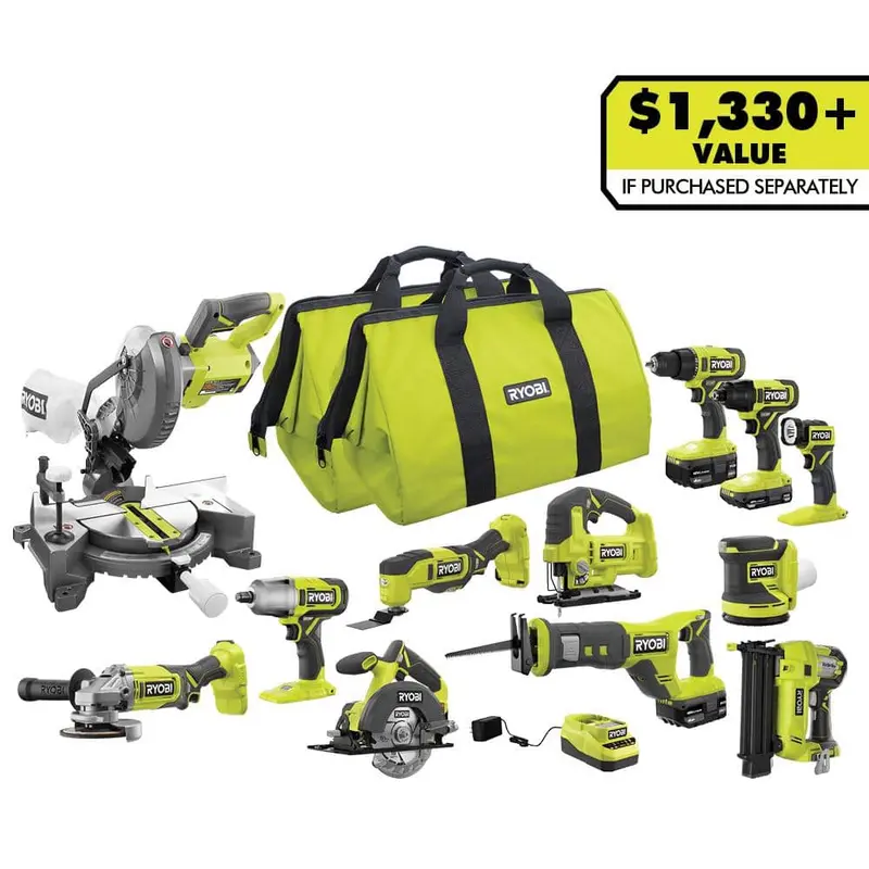 Zestaw narzędzi RYOBI ONE+ 18 V, 12 elementów, z (1) akumulatorem 1,5 Ah i (2) akumulatorami 4,0 Ah oraz ładowarką PCL2200K3N