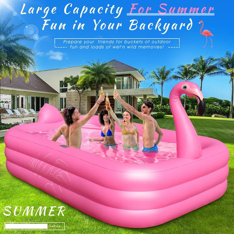Nadmuchiwany basen flamingowy zasilany energią słoneczną z oświetleniem LED – 264 x 165 x 63,5 cm, ekologiczny basen zewnętrzny dla dzieci i dorosłych