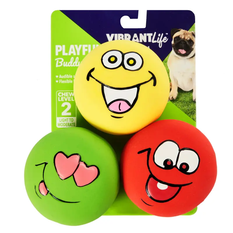 Zabawka dla psa Vibrant Life Playful Buddy Emoticon, poziom 2 do żucia, 3 sztuki