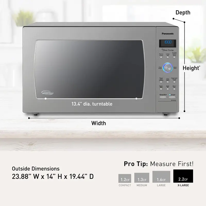 Mikrofalówka Panasonic NN-SN966S o pojemności 62 litrów (2,2 stopy sześciennej) – 1250 W, technologia inwerterowa, czujnik Genius, możliwość montażu na blacie lub do zabudowy.