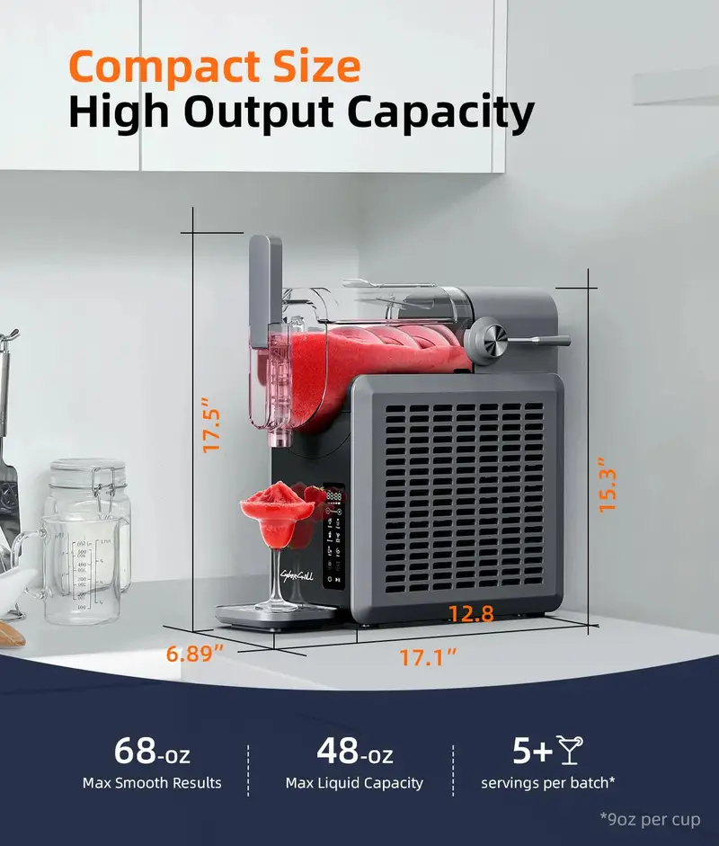 2-litrowy generator lodu z 24-godzinnym opóźnieniem startu, funkcją utrzymywania zimna i samoczyszczeniem – 5 wstępnie zaprogramowanych programów do mrożonych napojów