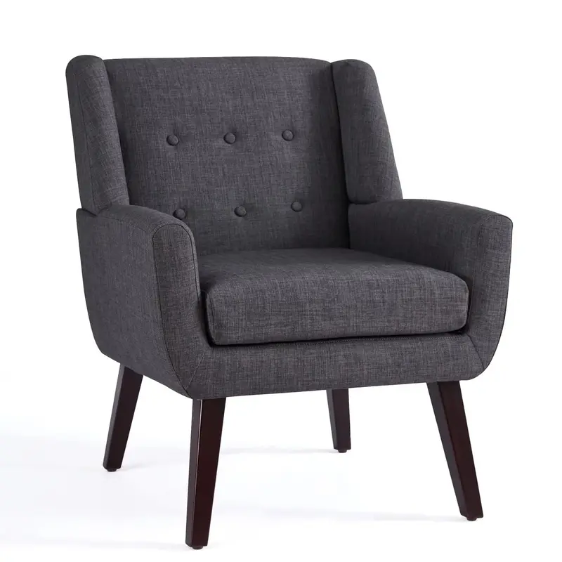Fotel akcentowy Huimo w stylu Mid-Century Modern – beżowy tapicerowany fotel do czytania z ozdobnymi guzikami do salonu lub sypialni