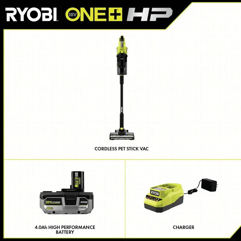 Odkurzacz pionowy RYOBI ONE+ HP 18 V bezprzewodowy do zwierząt z wydajnym akumulatorem 4,0 Ah i ładowarką PBLSV716K
