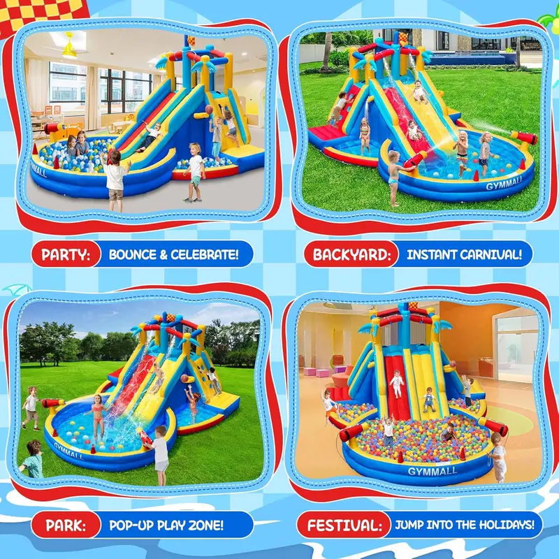 8-w-1 dmuchany park wodny – dmuchany zamek + podwójne zjeżdżalnie + ścianka wspinaczkowa + brodzik, zasilany wentylatorem o mocy 550 W, do użytku wewnątrz i na zewnątrz